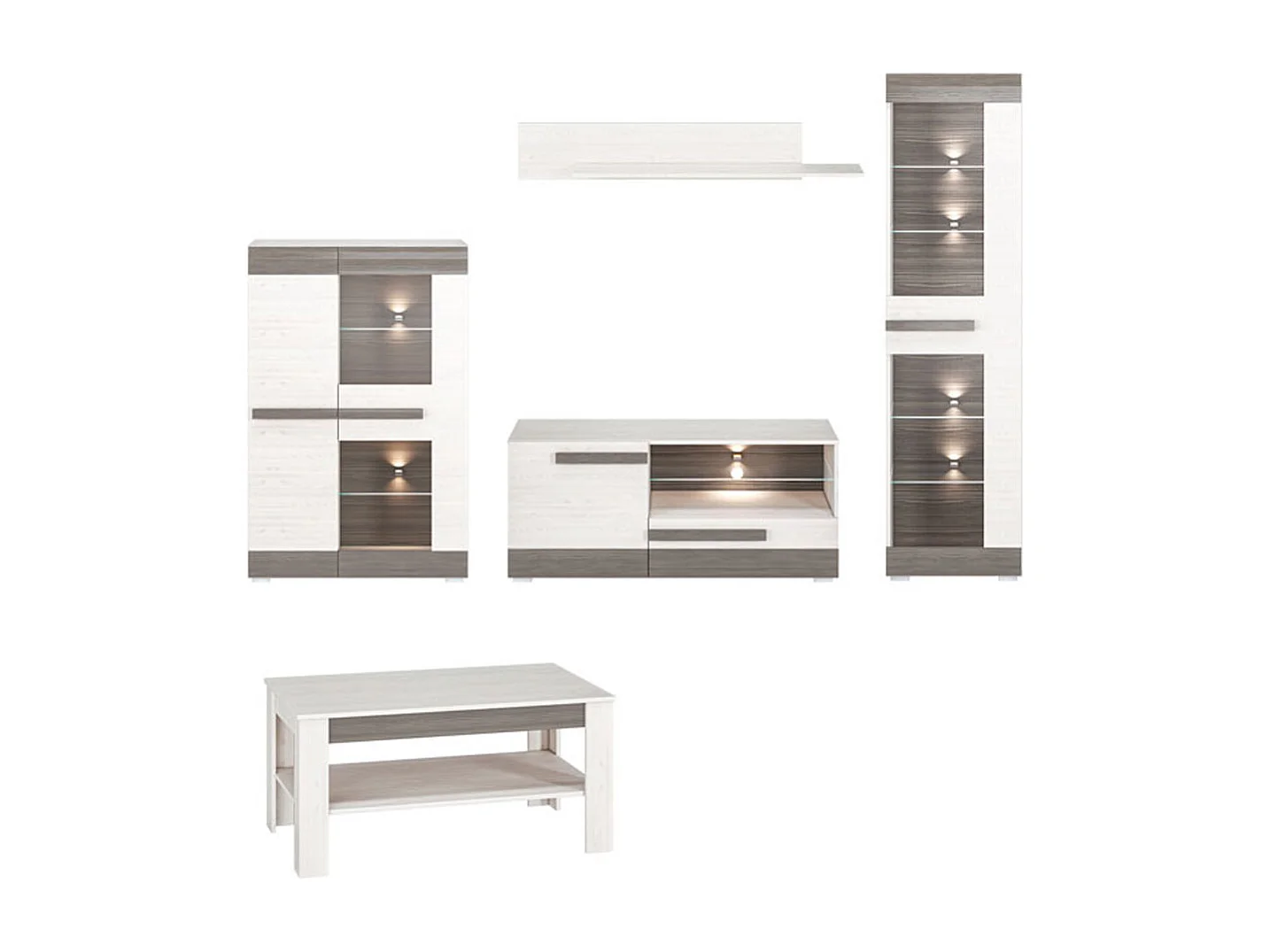 WOHNZIMMER SET 5-TEILIG Blanco Pinie weiß / grau 275 / 42 / 202cm