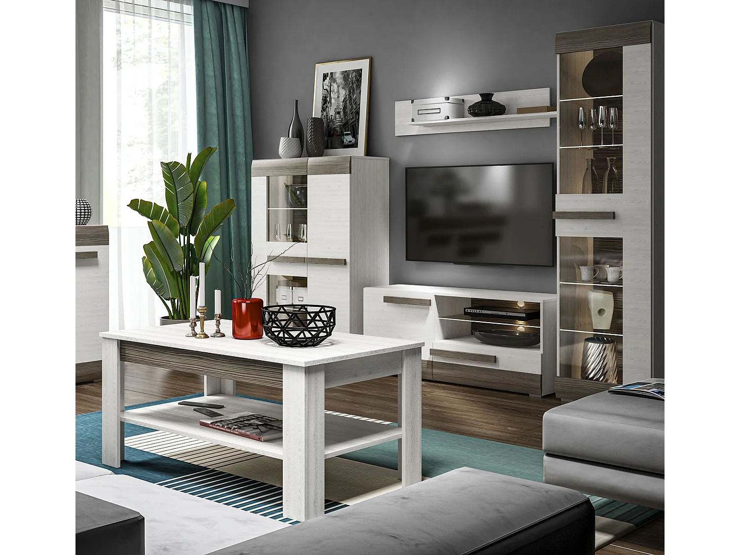 WOHNZIMMER SET 5-TEILIG Blanco Pinie weiß / grau 275 / 42 / 202cm