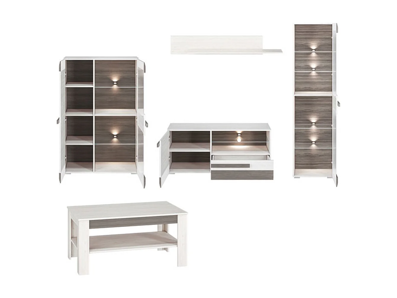 WOHNZIMMER SET 5-TEILIG Blanco Pinie weiß / grau 275 / 42 / 202cm