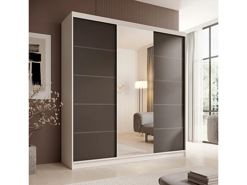 Armoire Walter (200cm)/portes coulissantes/miroir/Blanc&Noir