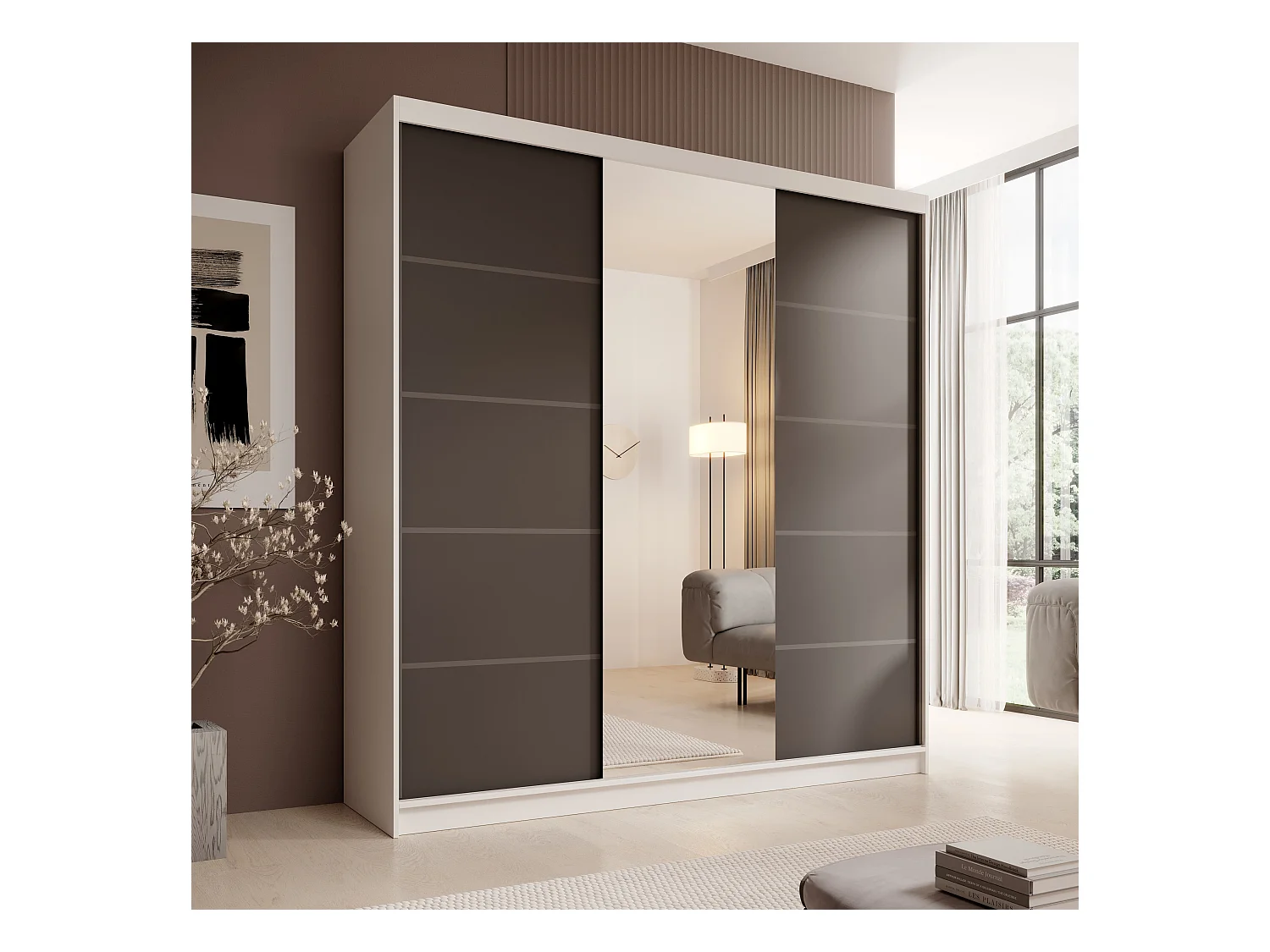 Kleiderschrank Walter (200cm)/Schiebetüren/Spiegel/Weiss&Schwarz