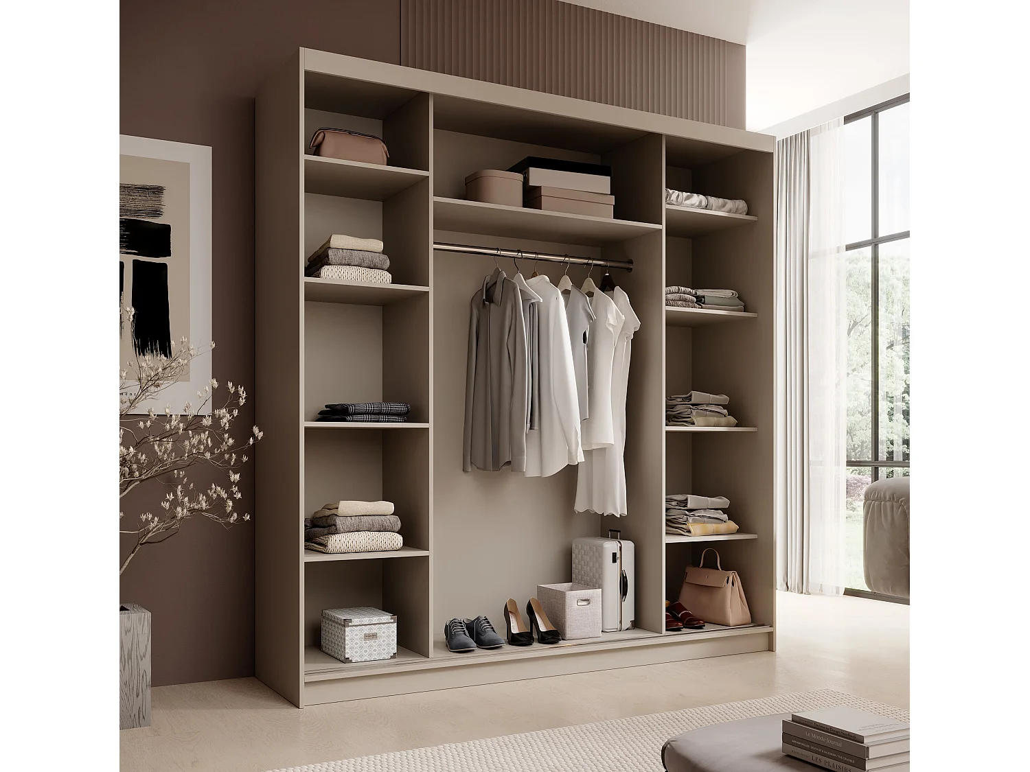 Armoire Walter (200cm)/portes coulissantes/miroir/Beige