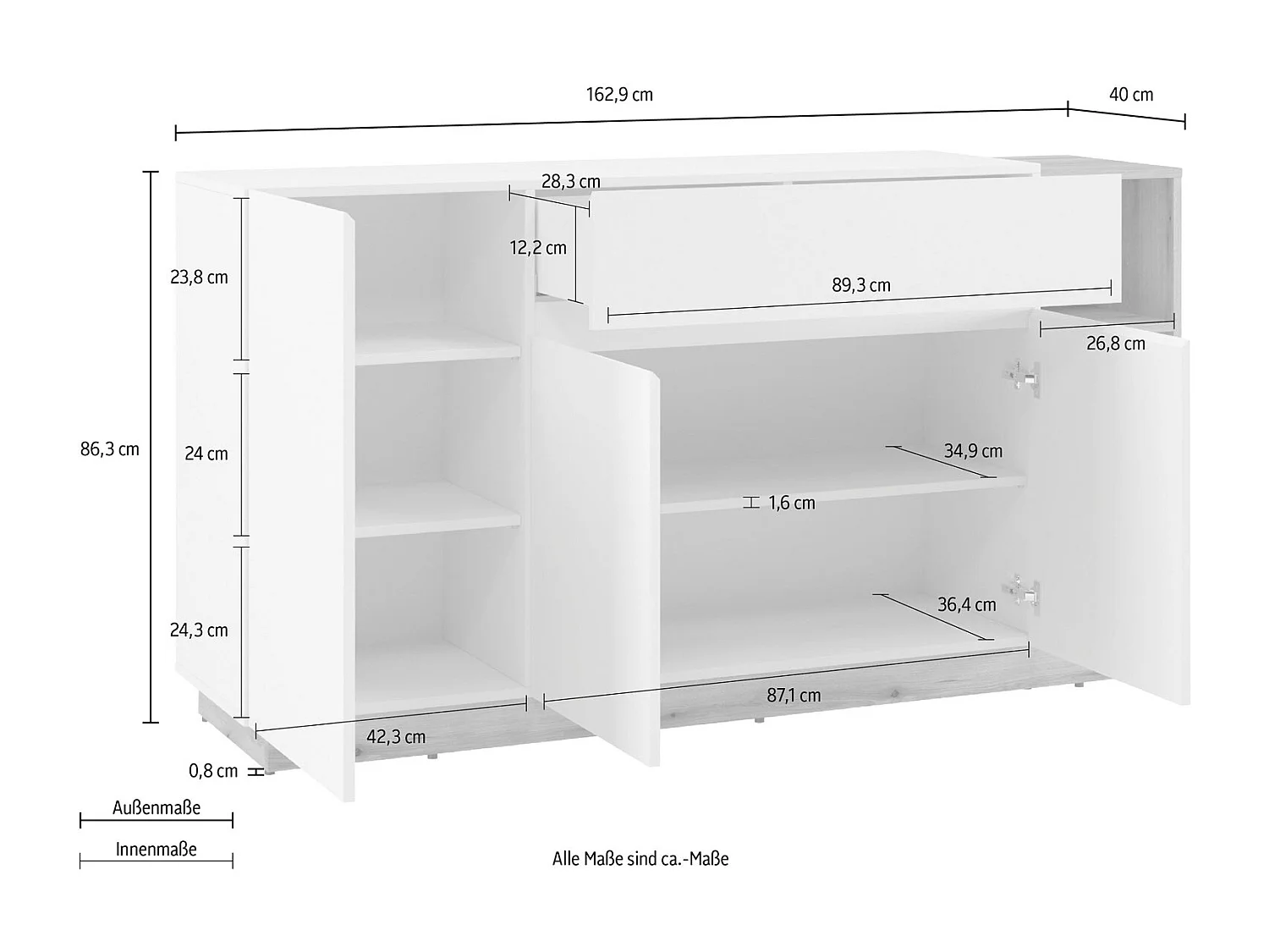 KOMMODE Bristol weiß / Evoke Eiche 163 / 40 / 86cm