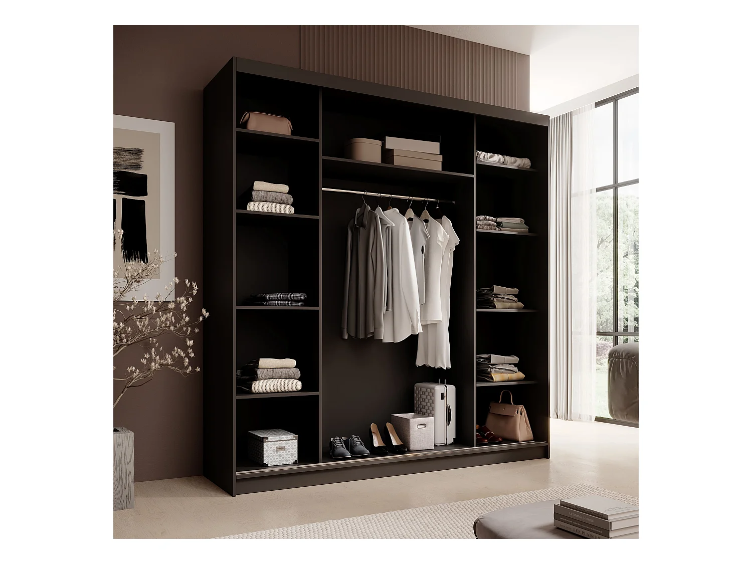 Kleiderschrank Walter (200cm)/Schiebetüren/Spiegel/Schwarz