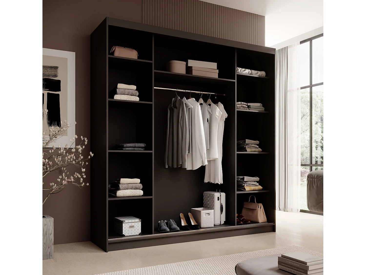 Armoire Walter (200cm)/portes coulissantes/miroir/Noir