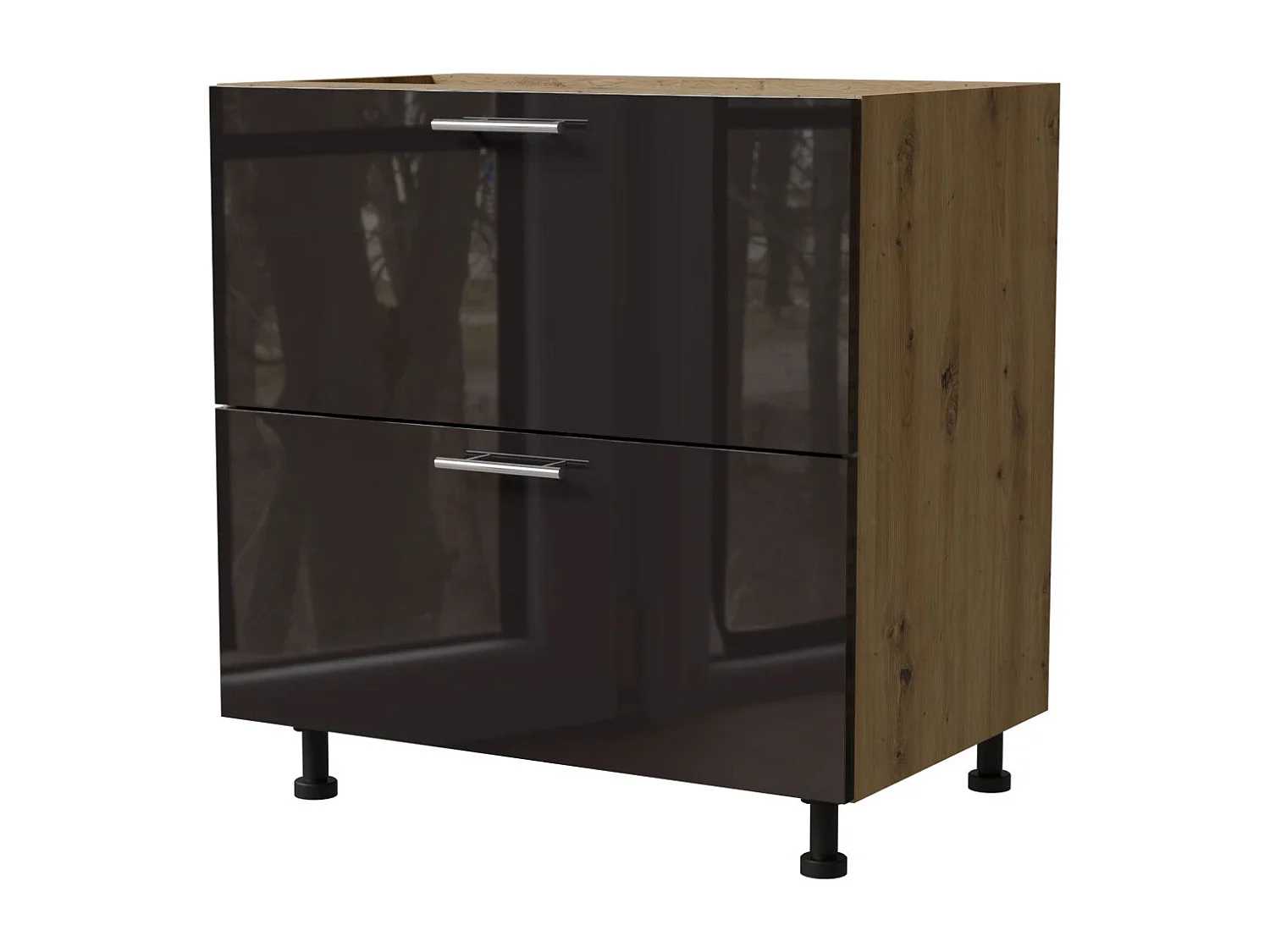 SCHUBLADENUNTERSCHRANK Essen D2A/80/1A Schwarz Hochglanz / Eiche Artisan Matt 80 / 50 / 82cm