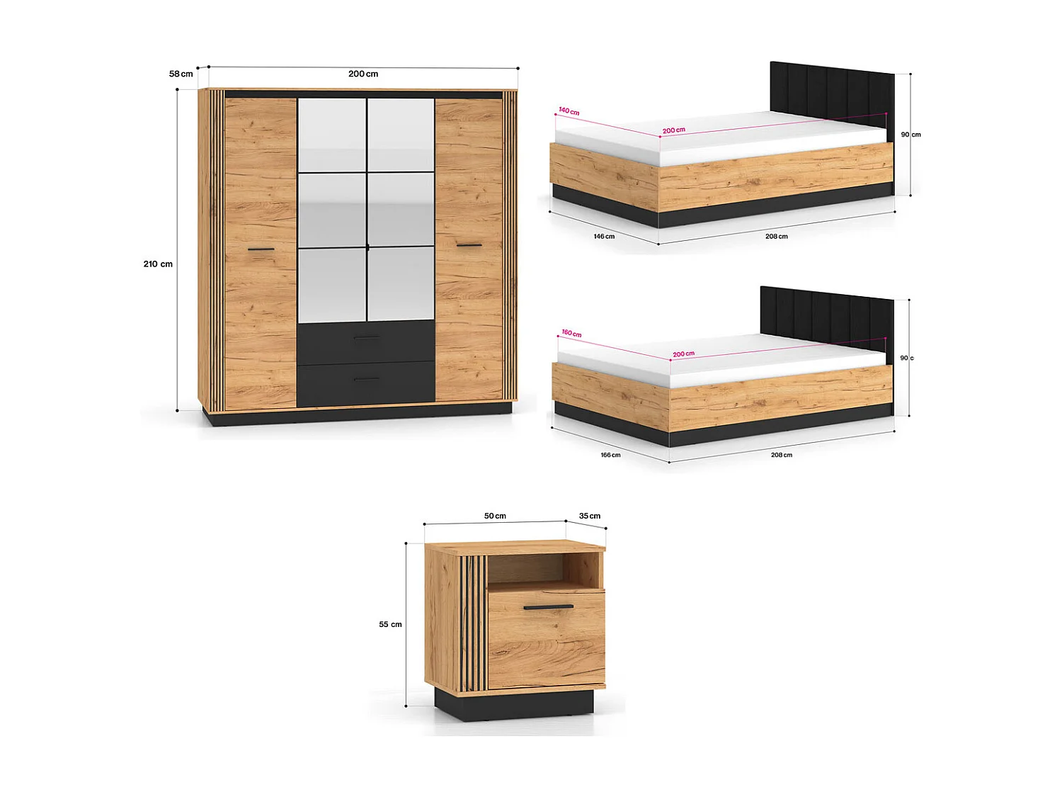 SCHLAFZIMMER-SET 4-teilig Urso Gold Craft Eiche / Schwarz