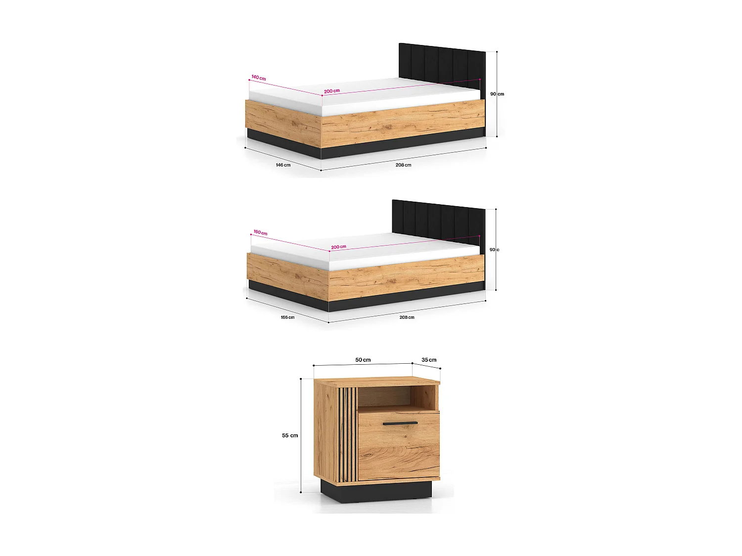 SCHLAFZIMMER-SET 3-teilig Urso Gold Craft Eiche / Schwarz