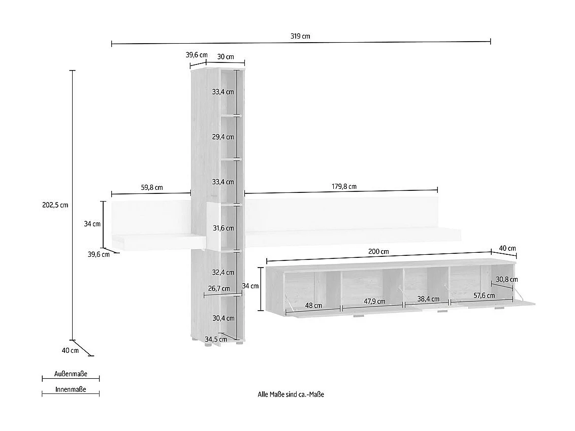 WOHNWAND Kumara 4-teilig Eiche Ribbeck / weiß 319 / 40 / 202,5cm