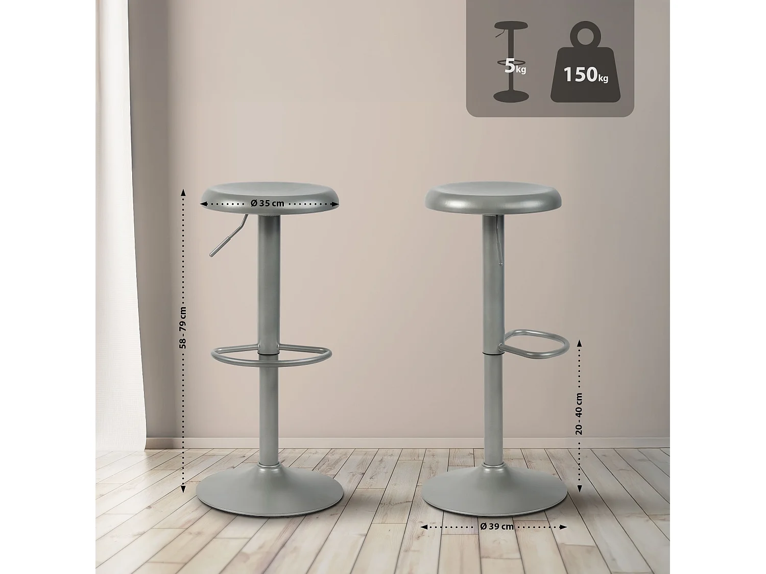 Lot de 2  Tabouret de bar - Métal - Argent - Williston
