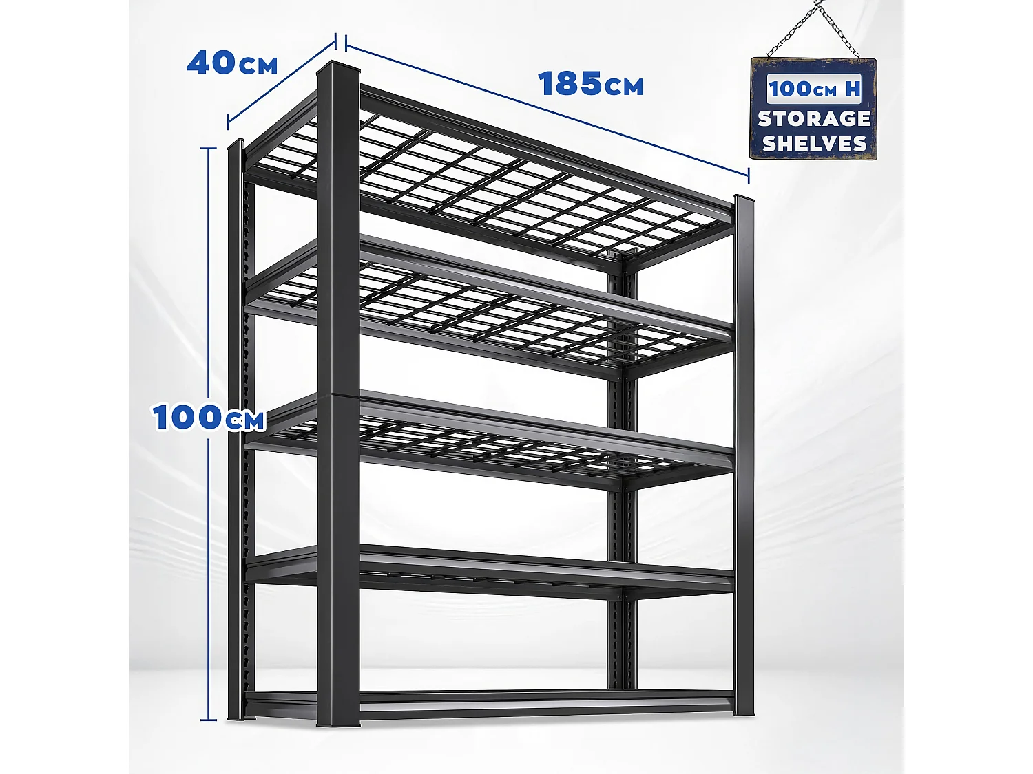 Mesh 185 - Scaffale in Metallo 185x100x40 cm con 5 Ripiani in Reticolato Portata 1365Kg Nero