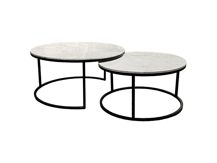 Tables basses gigognes rondes marbre blanc pied métal noir – OXA