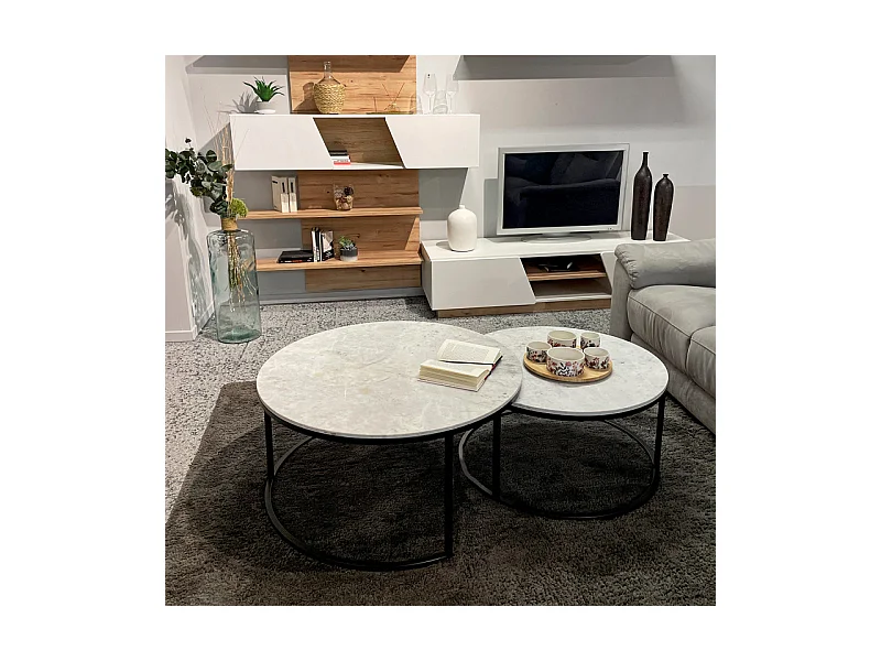 Tables basses gigognes rondes marbre blanc pied métal noir – OXA