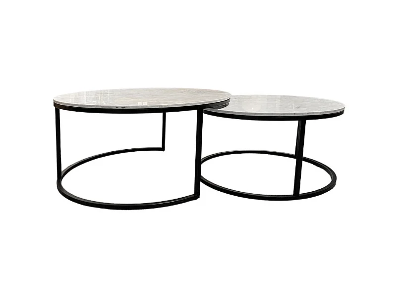 Tables basses gigognes rondes marbre blanc pied métal noir – OXA