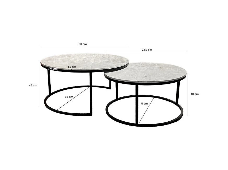 Tables basses gigognes rondes marbre blanc pied métal noir – OXA