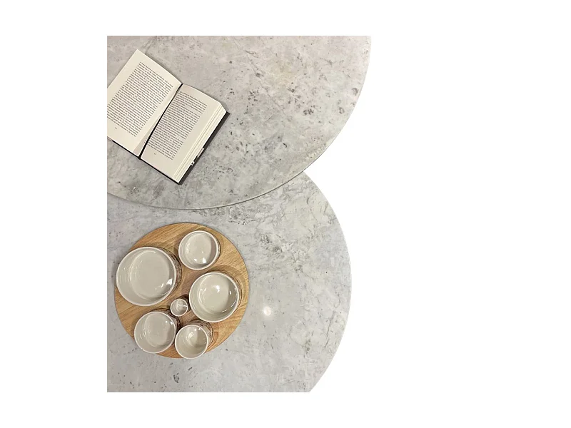 Tables basses gigognes rondes marbre blanc pied métal noir – OXA