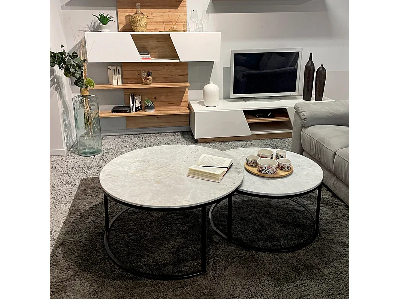 Tables basses gigognes rondes marbre blanc pied métal noir – OXA
