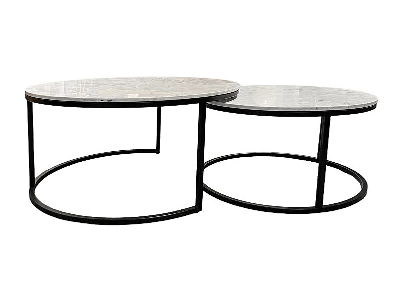 Tables basses gigognes rondes marbre blanc pied métal noir – OXA