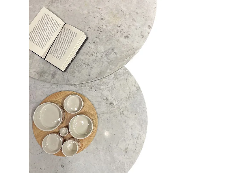 Tables basses gigognes rondes marbre blanc pied métal noir – OXA