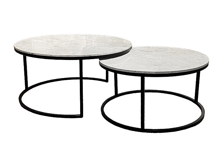Tables basses gigognes rondes marbre blanc pied métal noir – OXA