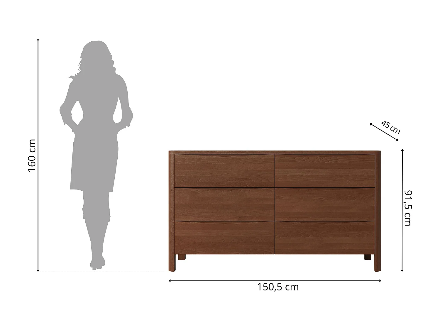 Holzkommode Modena low 150, nussbaumfarbe