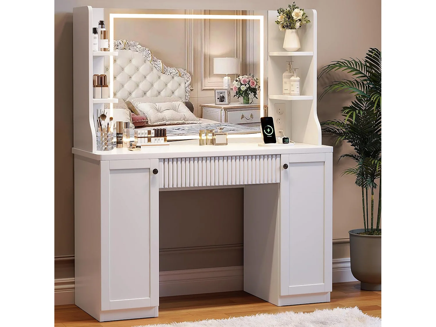 Dripex Schminktafel met Verlichting, Spiegel en Stroomadapter, 3 Kleuren met Instelbare Helderheid, 110 cm, Wit