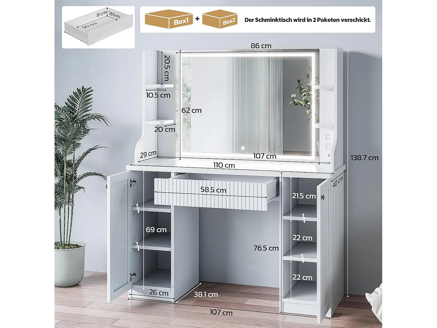 Dripex Schminktafel met Verlichting, Spiegel en Stroomadapter, 3 Kleuren met Instelbare Helderheid, 110 cm, Wit