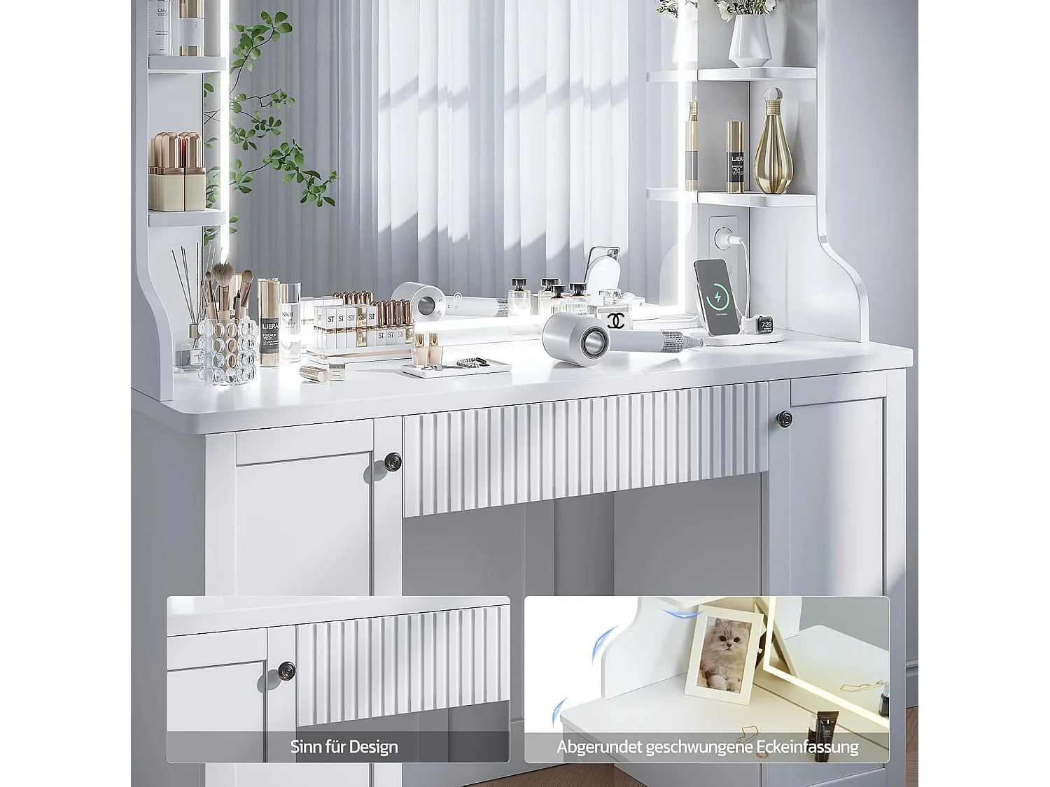 Dripex Schminktafel met Verlichting, Spiegel en Stroomadapter, 3 Kleuren met Instelbare Helderheid, 110 cm, Wit