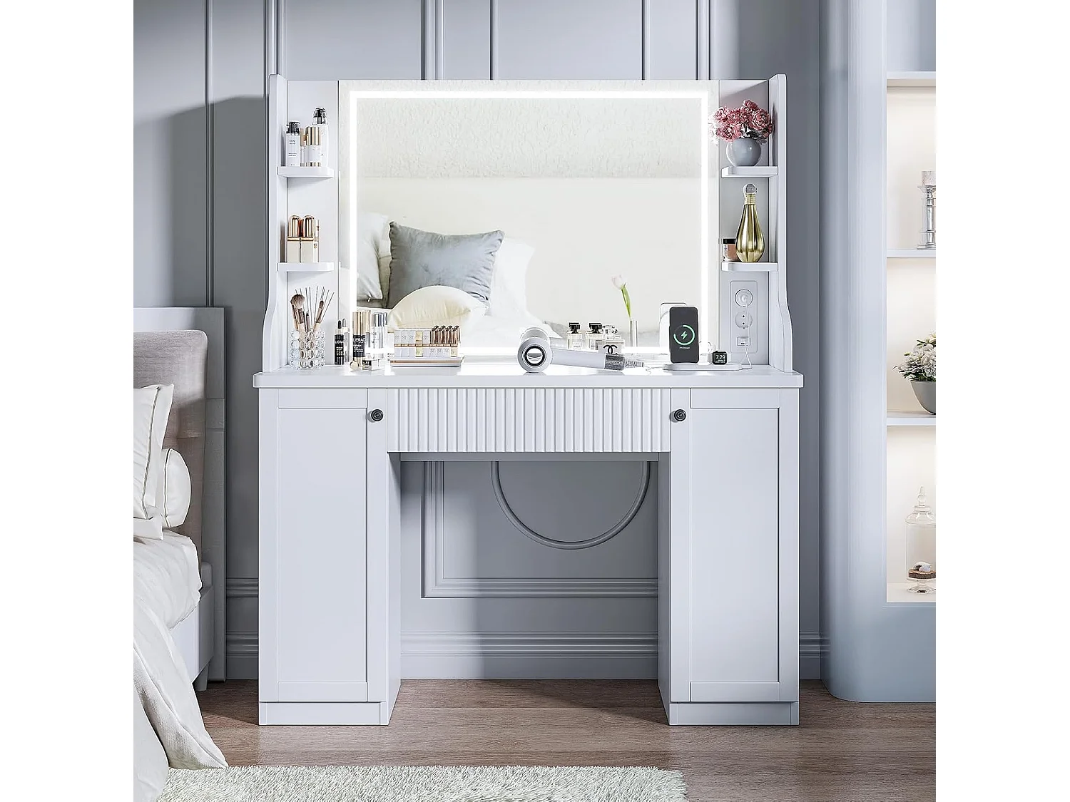 Dripex Schminktafel met Verlichting, Spiegel en Stroomadapter, 3 Kleuren met Instelbare Helderheid, 110 cm, Wit