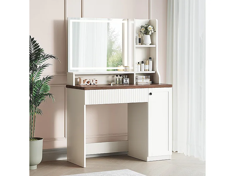 Dripex Schminktafel met Verlichting en Spiegel, 3 Kleuren met Instelbare Helderheid, 90x40x139 cm, Bruin