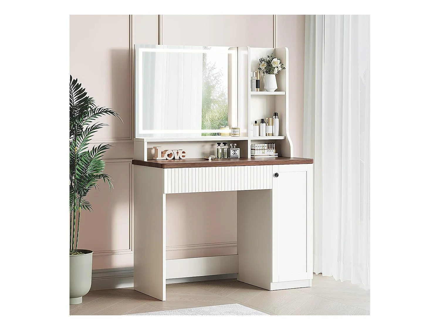 Coiffeuse avec éclairage et miroir, 3 couleurs avec luminosité réglable, 90x40x139 cm, marron