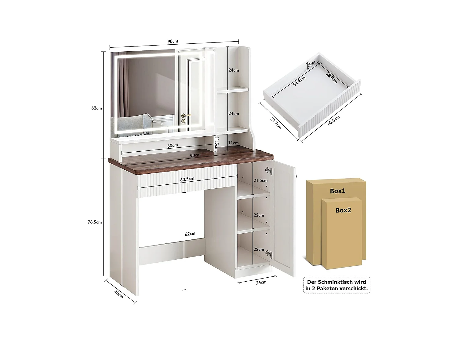 Coiffeuse avec éclairage et miroir, 3 couleurs avec luminosité réglable, 90x40x139 cm, marron