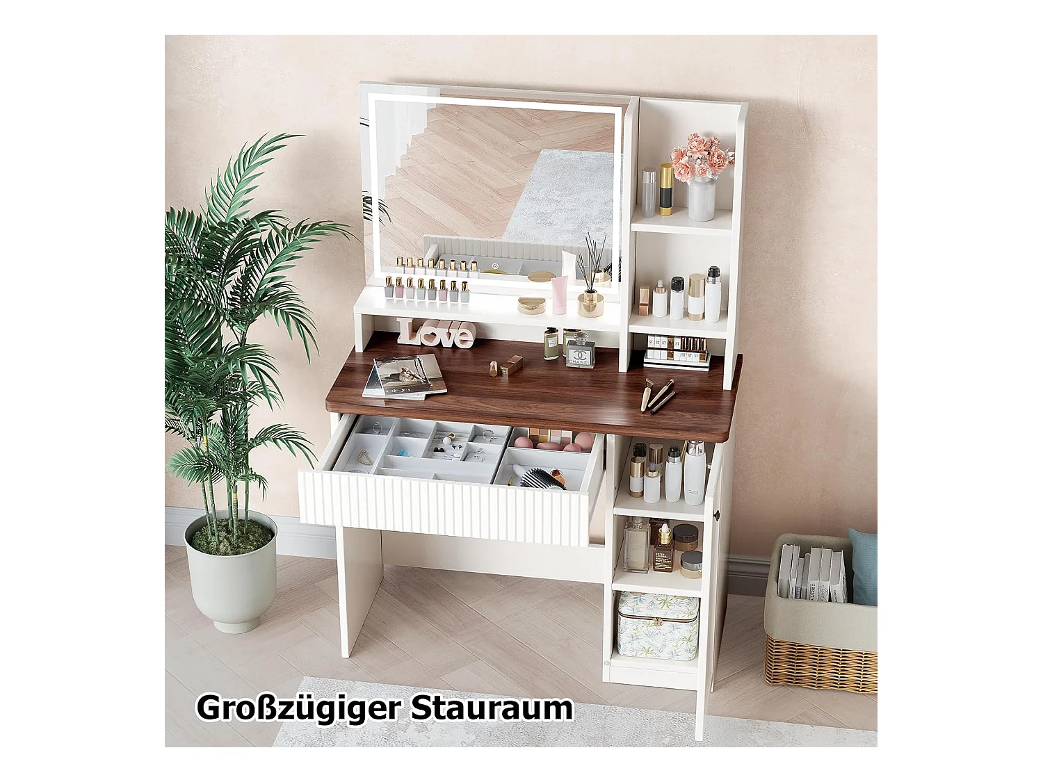 Coiffeuse avec éclairage et miroir, 3 couleurs avec luminosité réglable, 90x40x139 cm, marron