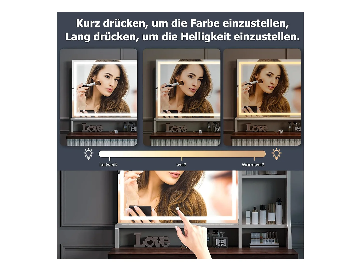 Coiffeuse avec éclairage et miroir, 3 couleurs avec luminosité réglable, 90x40x139 cm, marron