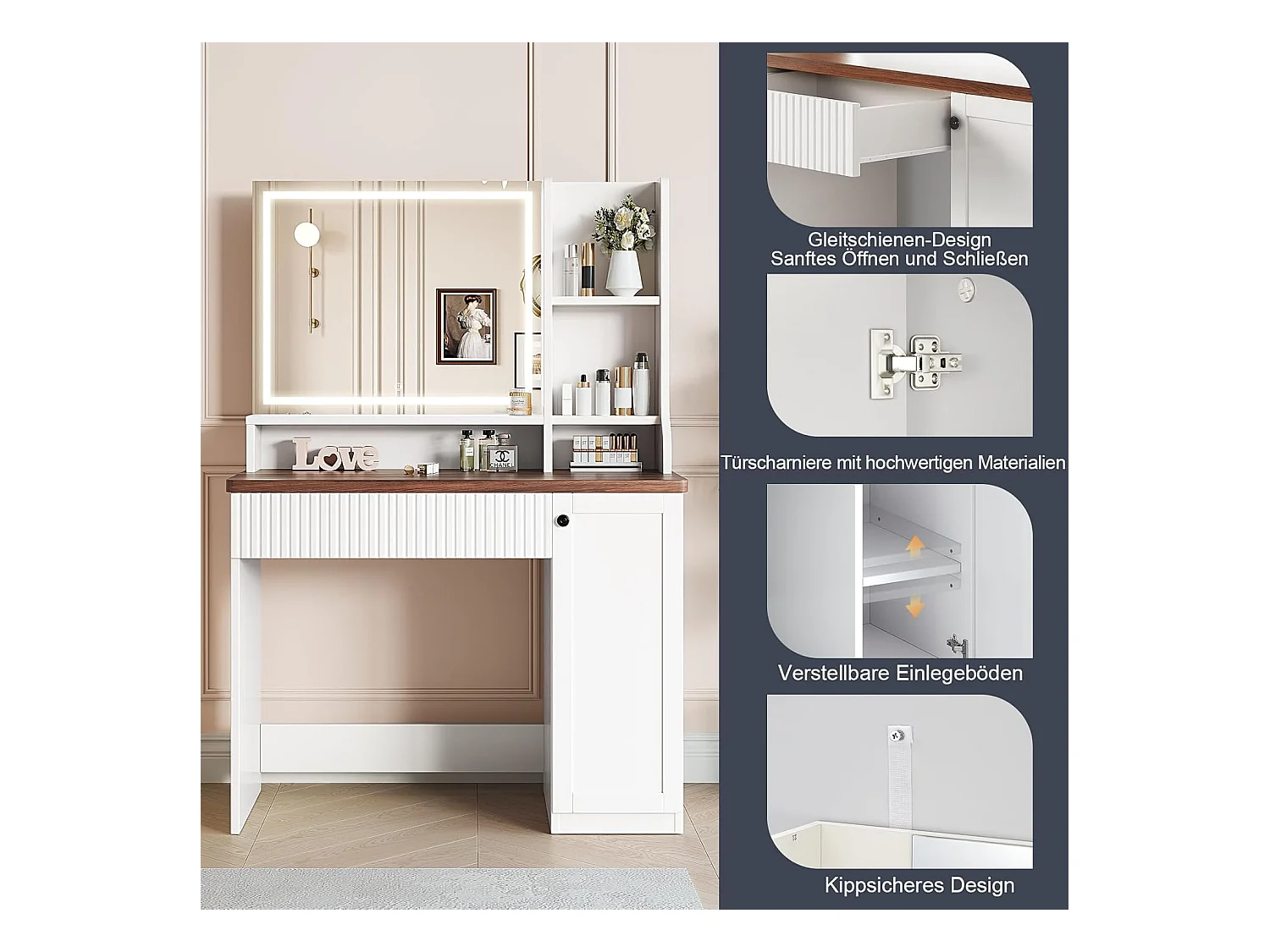 Coiffeuse avec éclairage et miroir, 3 couleurs avec luminosité réglable, 90x40x139 cm, marron