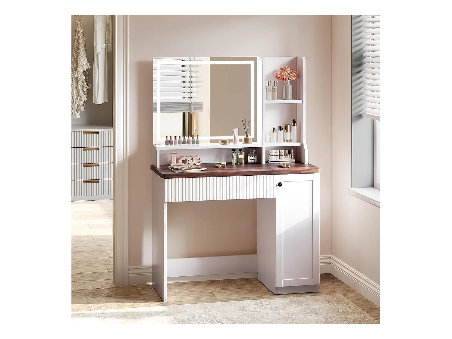 Coiffeuse avec éclairage et miroir, 3 couleurs avec luminosité réglable, 90x40x139 cm, marron