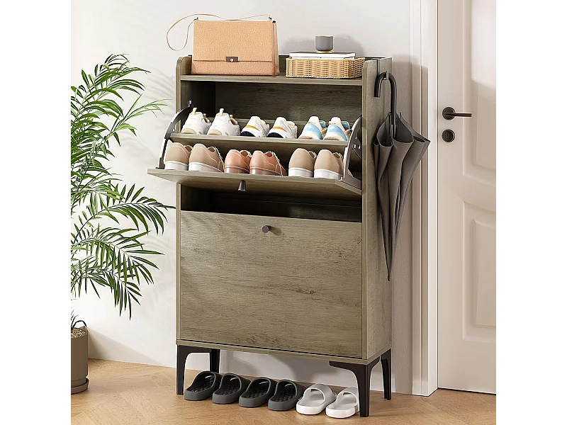 Dripex Schoenenkast met 2 Klapbare Laden en Metalen Poten voor Entree, Hal, Woonkamer of Veranda, 60 x 24 x 100 cm, Grijs