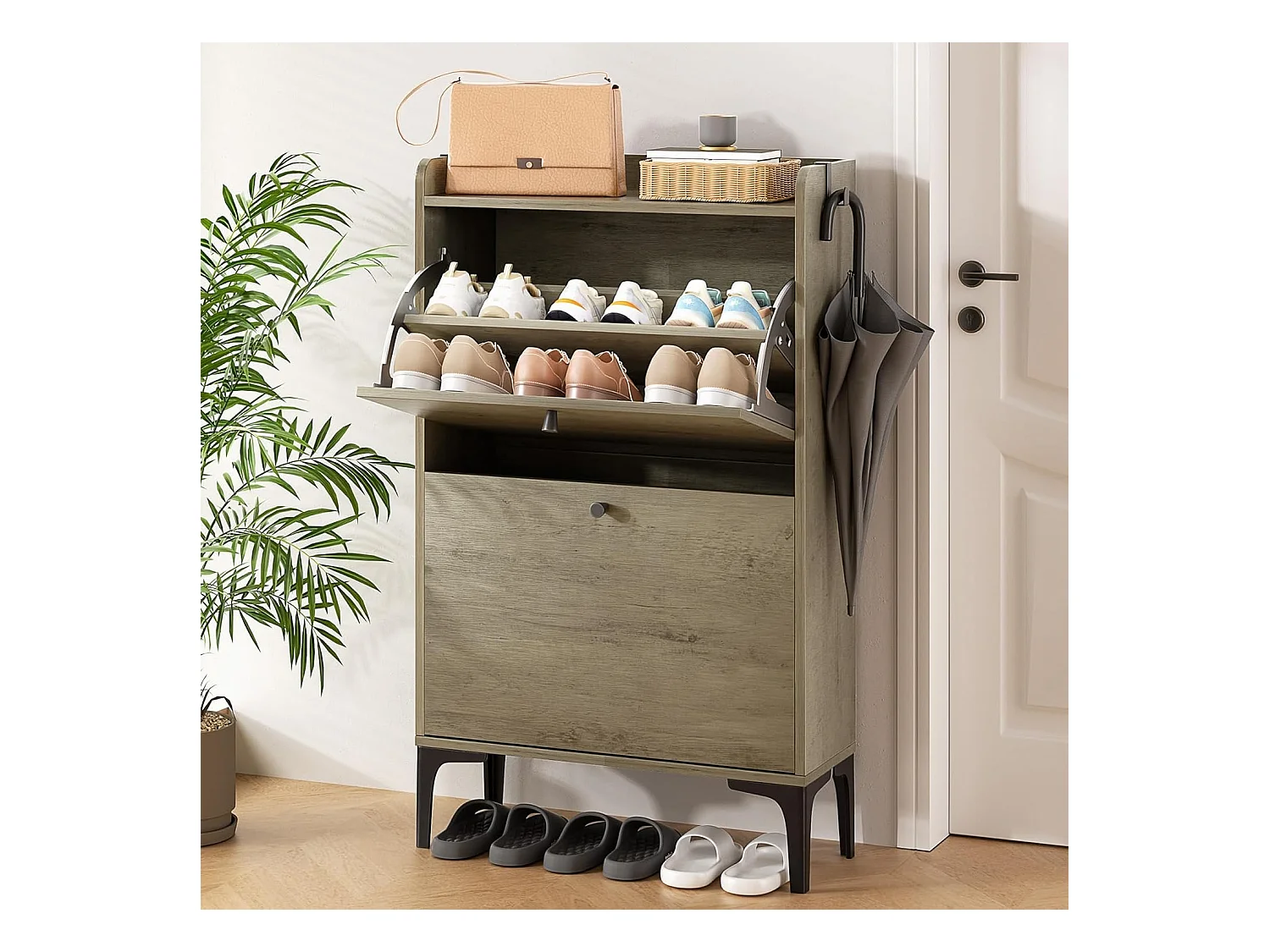 Scarpiera Dripex con 2 cassetti ribaltabili e piedini in metallo per ingresso, corridoio, soggiorno o veranda, 60 x 24 x 100 cm, grigio