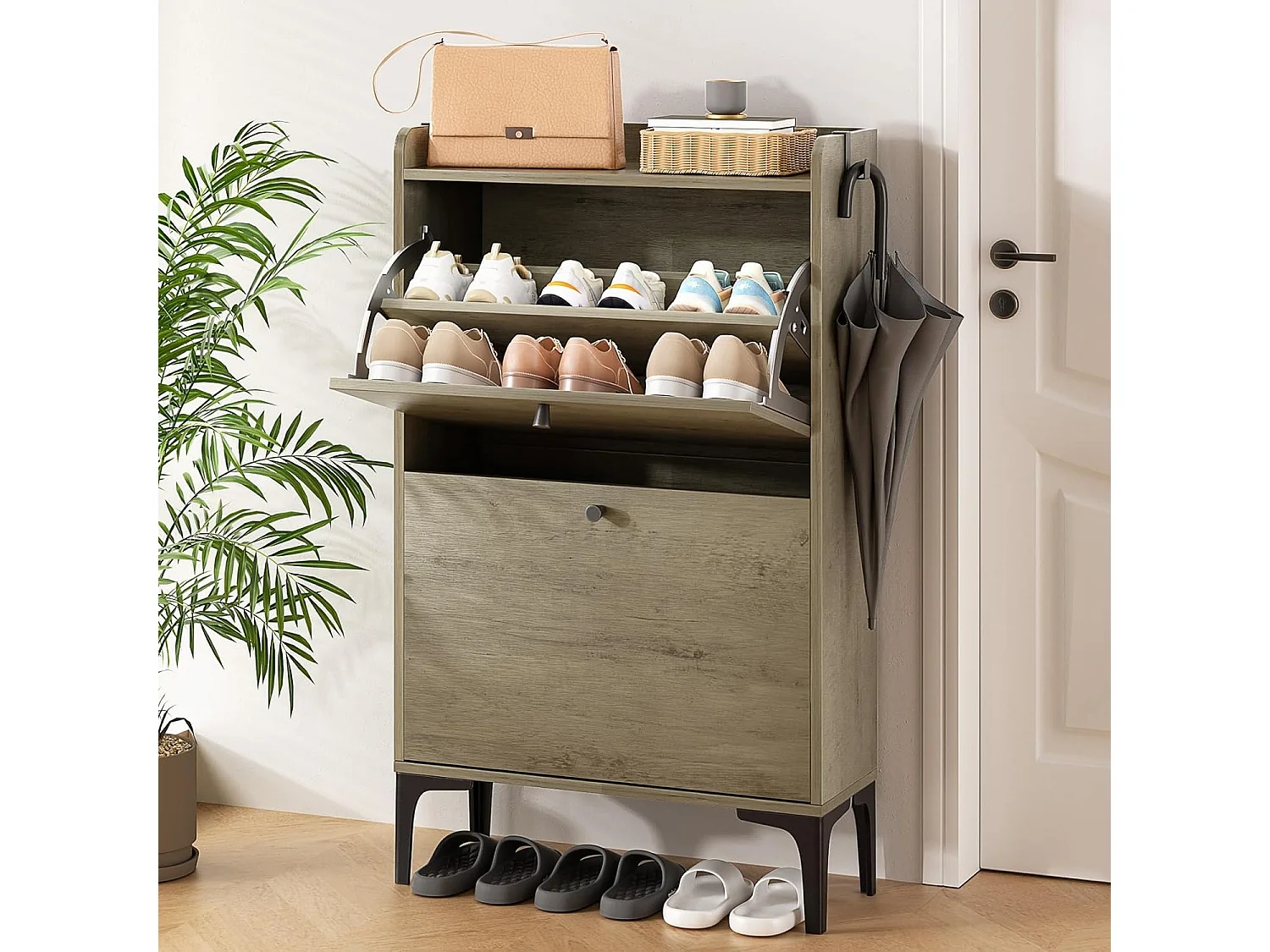 Scarpiera Dripex con 2 cassetti ribaltabili e piedini in metallo per ingresso, corridoio, soggiorno o veranda, 60 x 24 x 100 cm, grigio