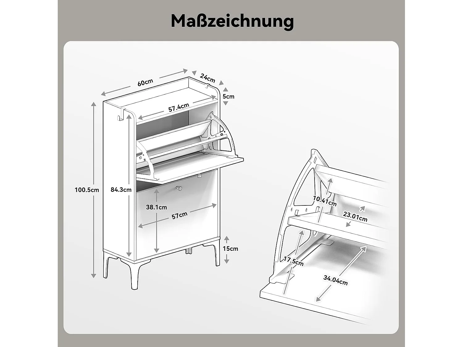 Scarpiera Dripex con 2 cassetti ribaltabili e piedini in metallo per ingresso, corridoio, soggiorno o veranda, 60 x 24 x 100 cm, grigio