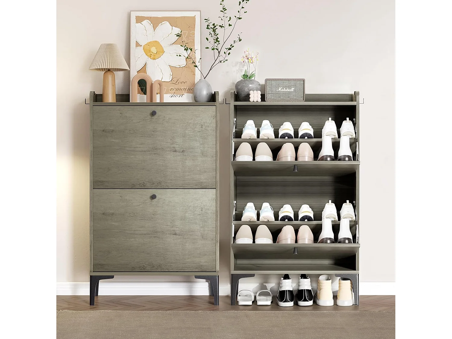 Scarpiera Dripex con 2 cassetti ribaltabili e piedini in metallo per ingresso, corridoio, soggiorno o veranda, 60 x 24 x 100 cm, grigio