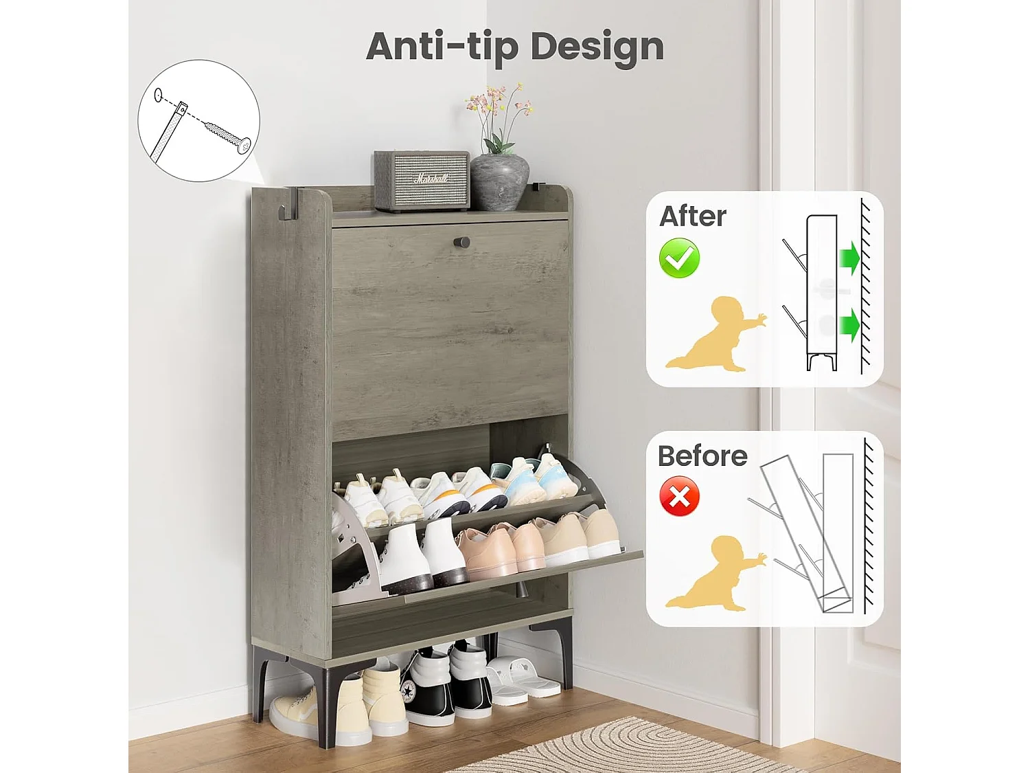 Scarpiera Dripex con 2 cassetti ribaltabili e piedini in metallo per ingresso, corridoio, soggiorno o veranda, 60 x 24 x 100 cm, grigio