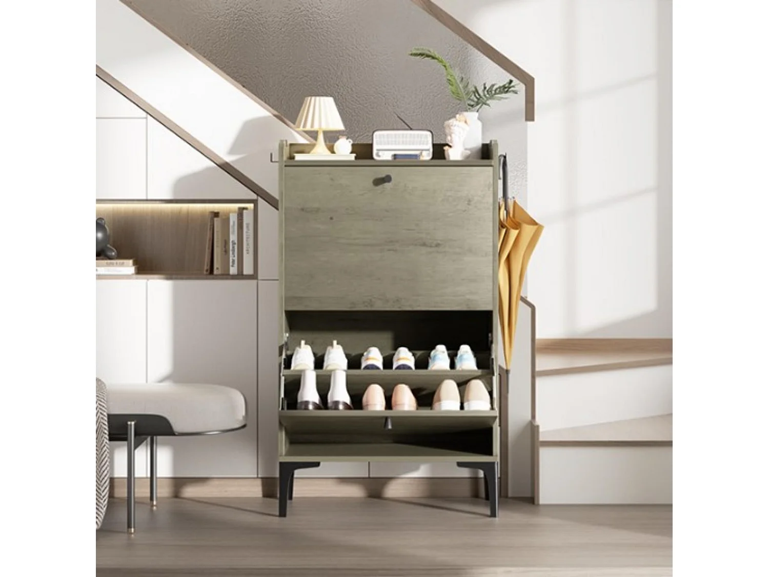 Scarpiera Dripex con 2 cassetti ribaltabili e piedini in metallo per ingresso, corridoio, soggiorno o veranda, 60 x 24 x 100 cm, grigio