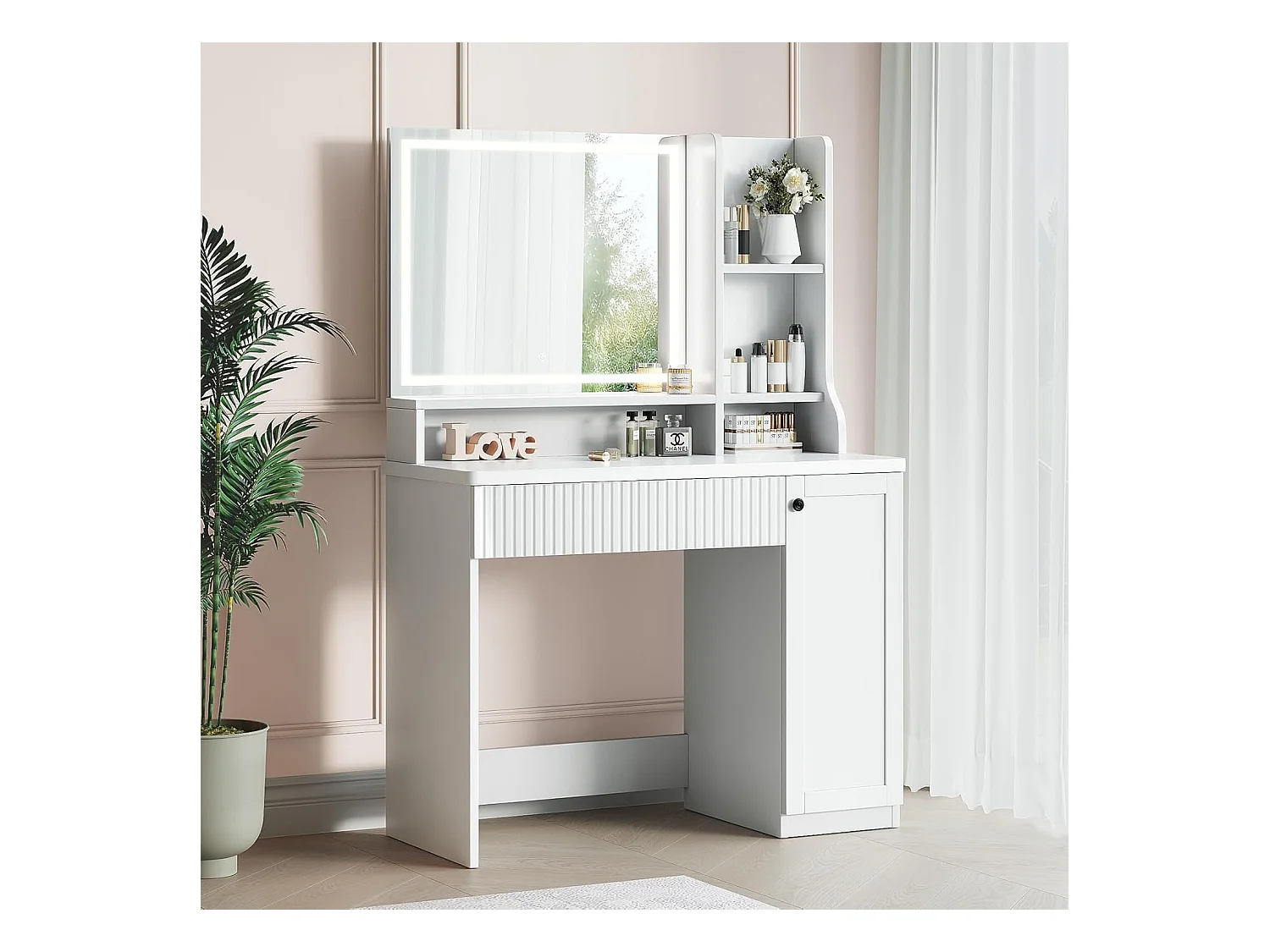 Dripex Coiffeuse avec éclairage et miroir, 3 couleurs avec luminosité réglable, 90x40x139 cm, blanc