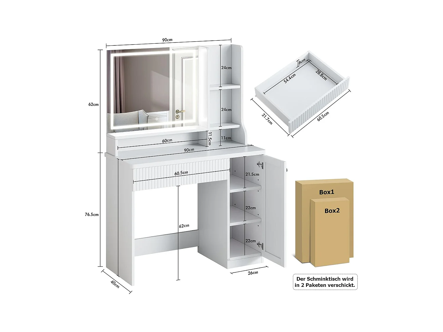 Dripex Coiffeuse avec éclairage et miroir, 3 couleurs avec luminosité réglable, 90x40x139 cm, blanc