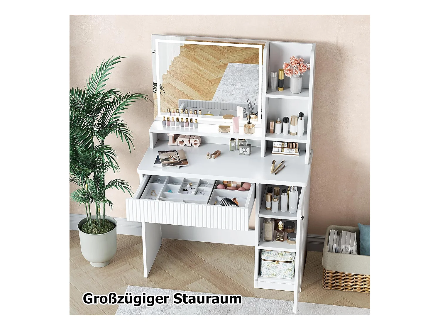 Dripex Coiffeuse avec éclairage et miroir, 3 couleurs avec luminosité réglable, 90x40x139 cm, blanc