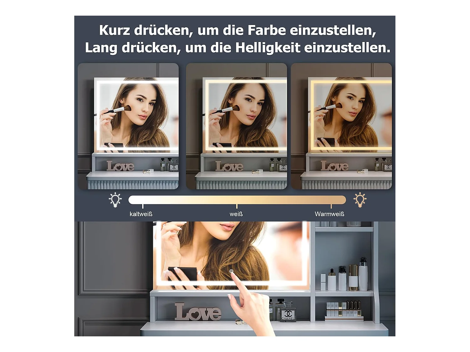 Dripex Coiffeuse avec éclairage et miroir, 3 couleurs avec luminosité réglable, 90x40x139 cm, blanc