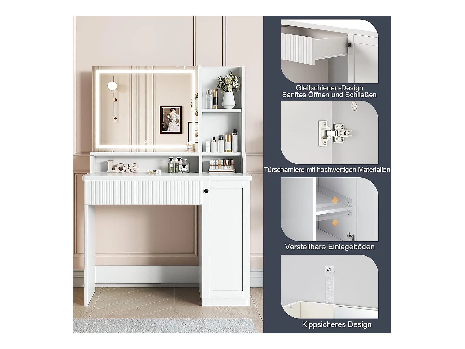 Dripex Coiffeuse avec éclairage et miroir, 3 couleurs avec luminosité réglable, 90x40x139 cm, blanc