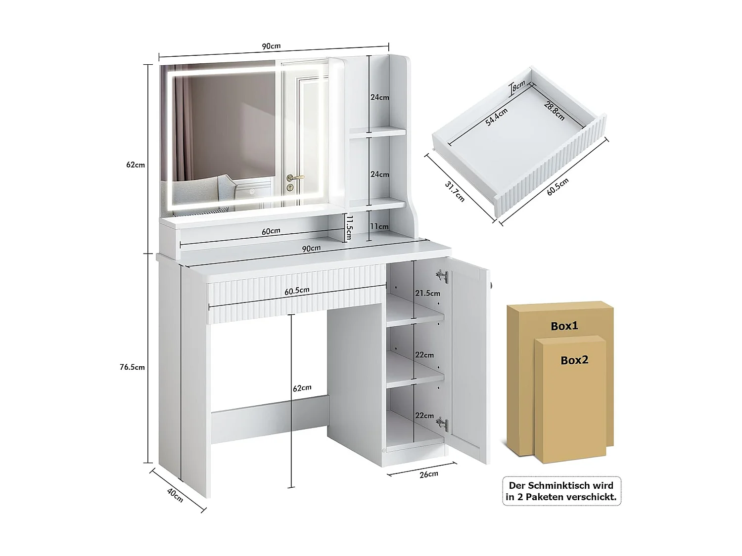 Dripex Toilette con Illuminazione e Specchio, 3 Colori con Luminosità Regolabile, 90x40x139 cm, Bianco