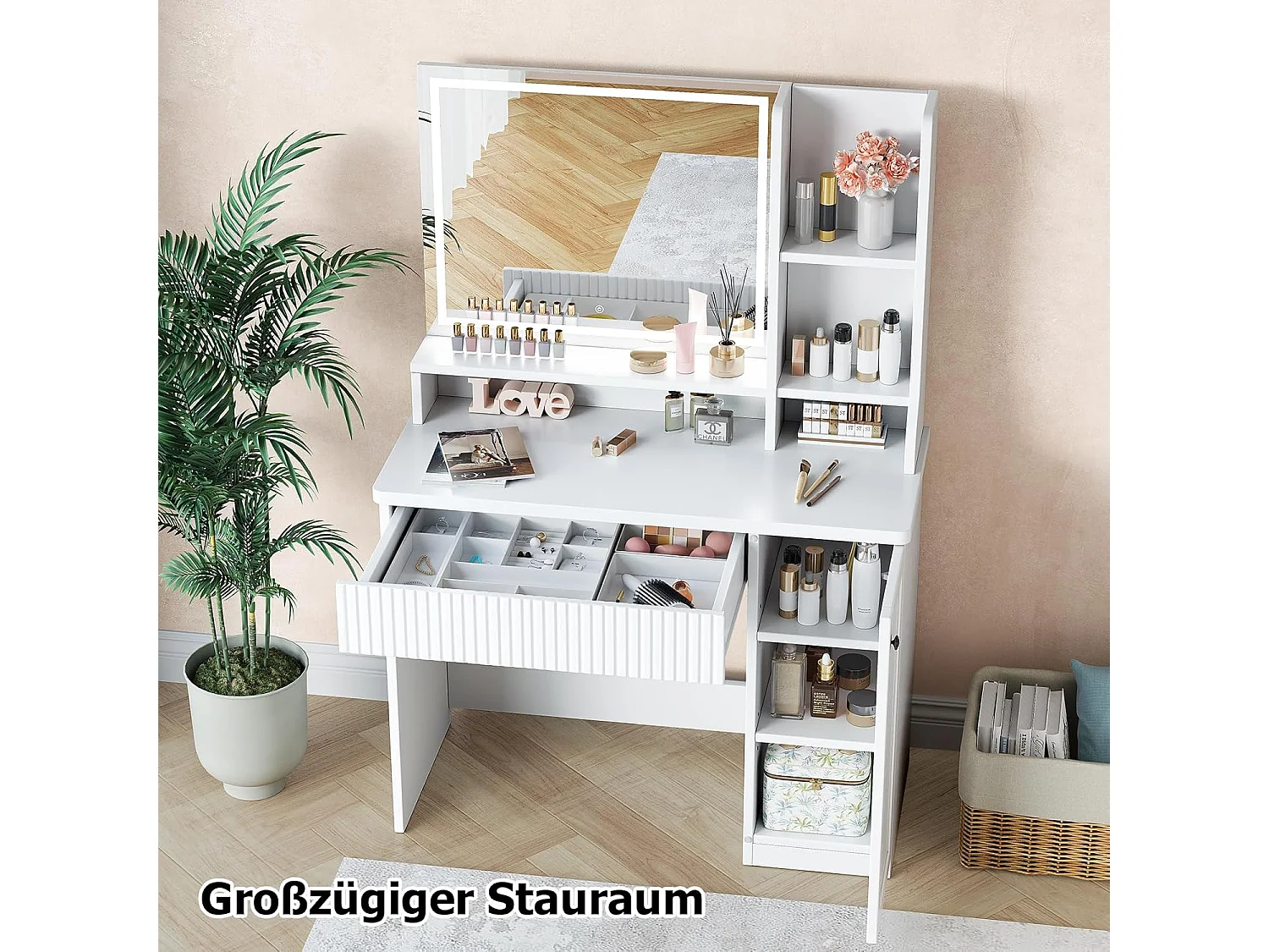 Dripex Toilette con Illuminazione e Specchio, 3 Colori con Luminosità Regolabile, 90x40x139 cm, Bianco